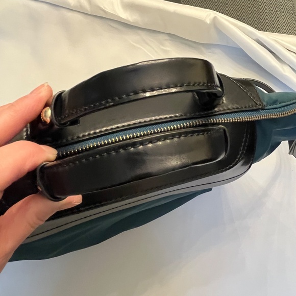 Furla dark green nylon & black leather tote satchel, cross-body, two-way. - Picture 11 of 16